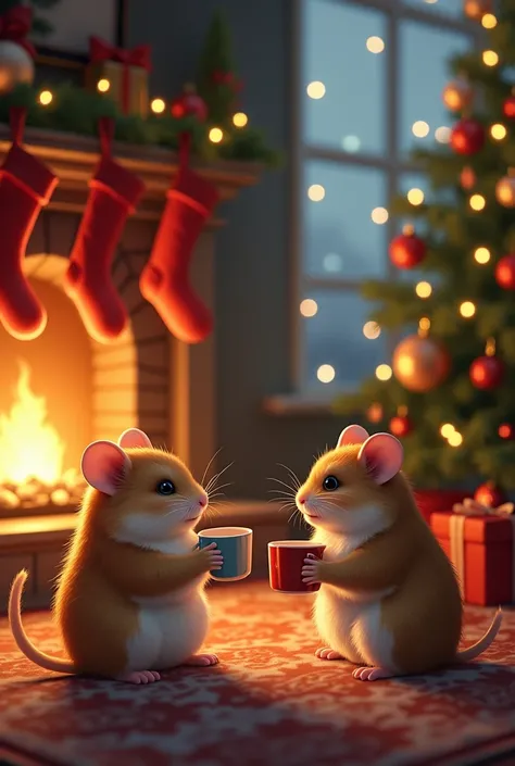 top quality high resolution christmas illustration cozy warm living room decorated for Christmas on the stage ultra sweet hamsters drinking coffee in front of the fireplace with socks hanging on a Christmas tree decorated with twinkling lights and ornament...