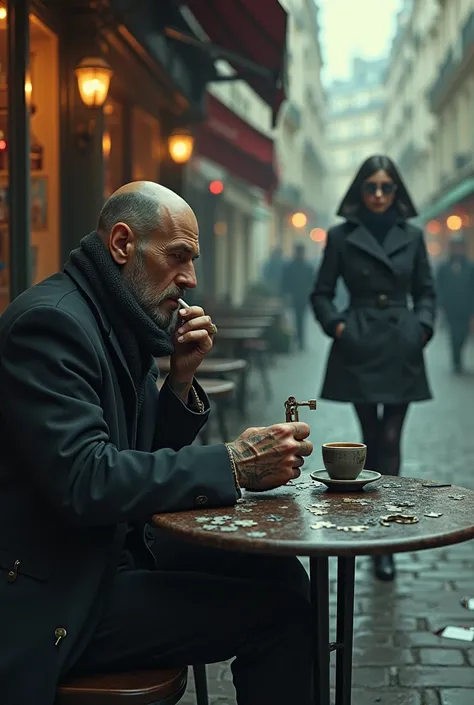 Dans les rues d un vieux Paris, un homme de 40 ans avec des tatouages et le crane rasé boit un café en terrasse. Il fume une cigarette et tient une vieille clef dans sa main, sur la table des pieces de puzzle en vrac. Au loin une femme se dirige vers lui, ...