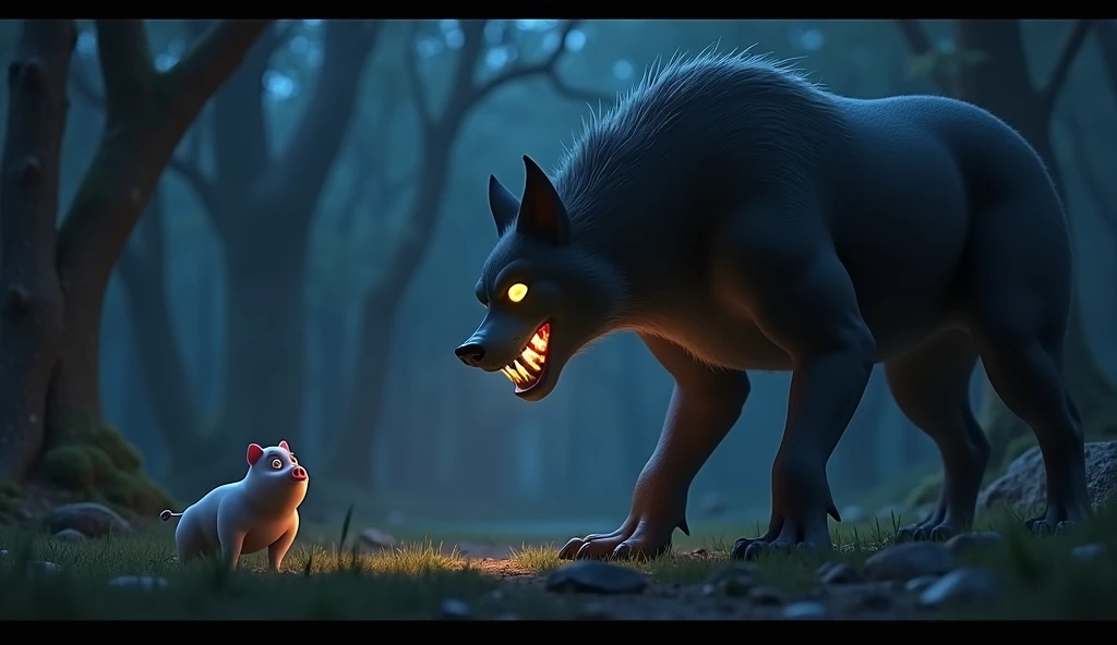  A dramatic scene is in Disney 3D style showing Fifo ,  The Little Piggy ,  in a dark clearing near the forest .  His eyes wide with fear as he looks at the Big Bad Wolf . the wolf, huge and threatening ,  has yellow eyes and menacing teeth visible in an o...