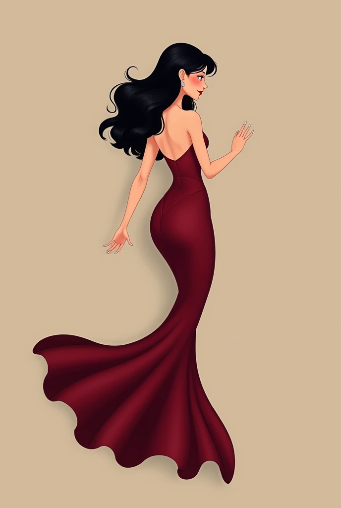 Girl with semi-long black hair .  A wine-red dress fitted to the body. A little lively face ,  white skin and Latin features.  This girl is  .  She must have a full body .  small breasts . 1.65 tall. The image must be from head to toe.  The dress may be a ...