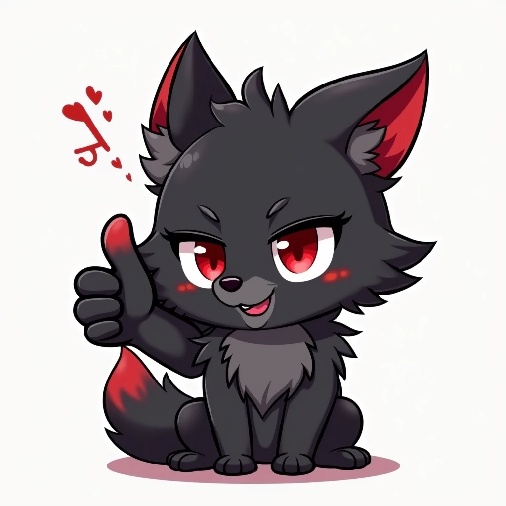 Create a male chibi black wolf from the shoulders up, big sprakling red eyes winking with his left eye, fluffy perky ears with red tips. hes giving a thumbs up of approval with red fingertips. Style should be cartoonish, tiny chibi anime, and clean, suitab...