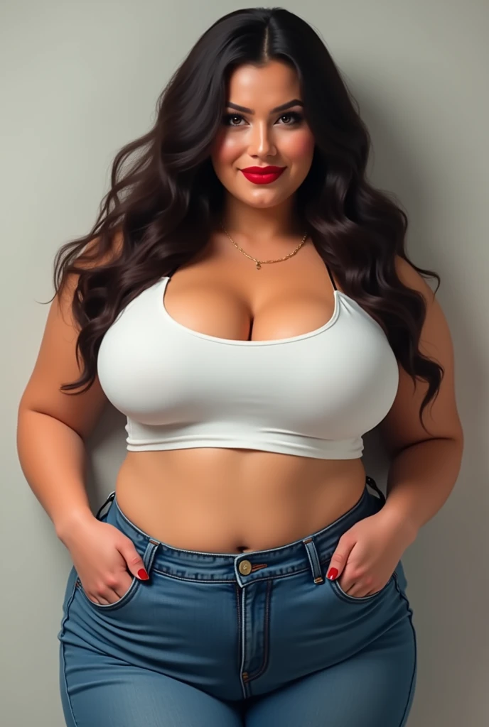  A woman who wears a white top with a belly free and jeans and very large breasts and bright red lipstick. She should also have a very large butt 