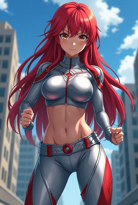   My Hero Academia Style ,   anime girl  , woman, young woman ,  full body shot ,( Fighting Stance :1.3), long hair, Red Hair,   Brown Eyes , hero suit, Full Body Suit, silver suit with red and blue details,  Perfect Anatomy  ,  enhanced abs , super detail...