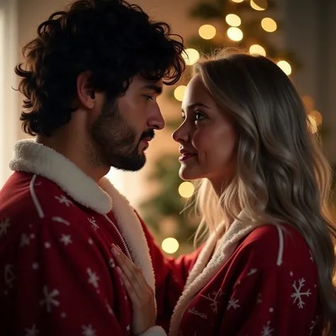  A young couple in Christmas pajamas that are looking into each others eyes, That he has black hair , grey eyes, beefy, Be tall ,  a well-shaped body and she has intense blue eyes ,  silver hair ,  shorter than the ,  that the two of them look in love ,  t...