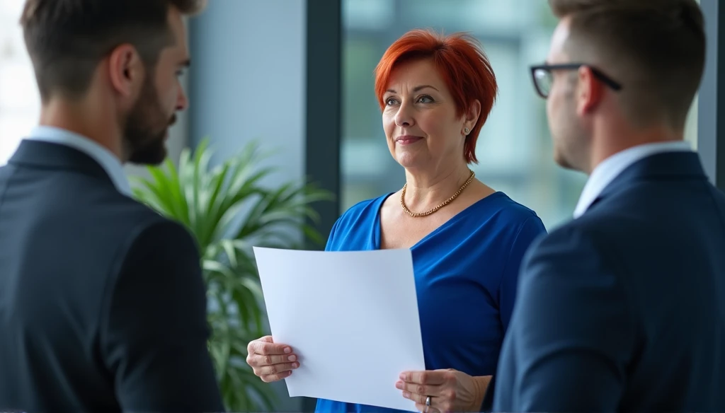  An adult fat woman with very short red hair is standing in the office.  There are people in business classes around her .  The woman is wearing a blue dress without a neckline , closed-type .  A woman has a gold chain around her .  One of the men hands he...