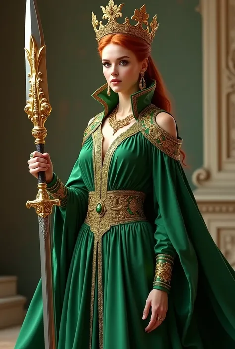 red-haired/ tied hair/  large golden queen crown on the head / long green dress with long collars  / golden love /  golden cedar in the hands with a green emerald on the tip /  and on the other hand a chromed iron sword /  golden earrings 