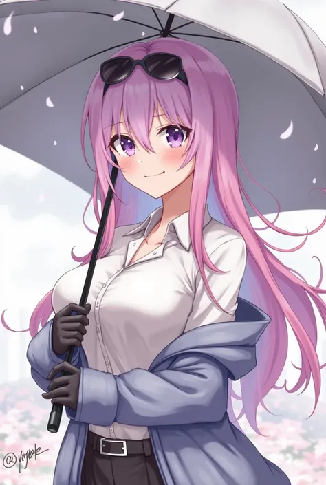 1girl, umbrella, rain, gloves, holding, holding umbrella, breasts, looking at viewer, eyewear on head, long hair, solo, bangs, outdoors, petals, pink hair, sunglasses, white shirt, shirt, long sleeves, coat, purple hair, cleavage, jacket, smile, hair betwe...