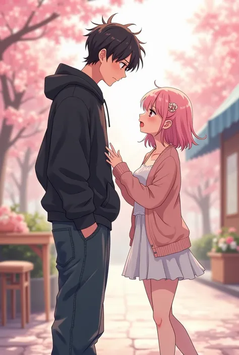 A tall man with short black hair, wearing a casual black hoodie and dark baggy jeans, stands casually with a teasing expression. He looks down at a petite woman with shoulder-length pastel pink hair, wearing a cute pastel cardigan over a white sundress and...