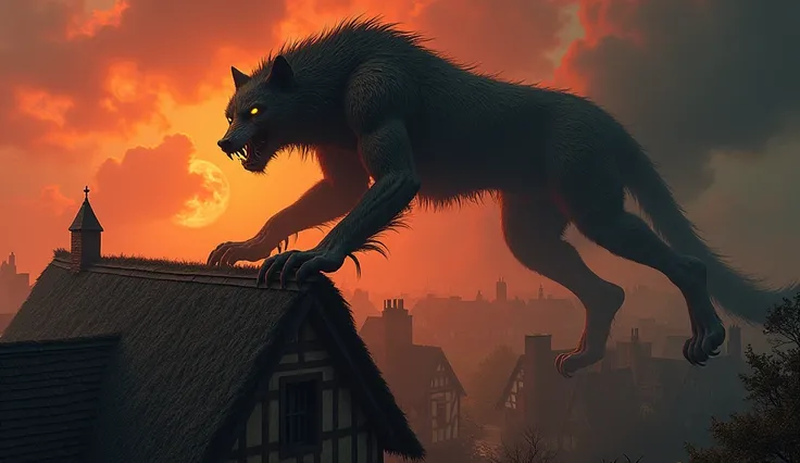 A massive werewolf with exaggerated features, including glowing yellow eyes and stylized fur, leaps onto a thatched rooftop. The design reflects the practical effects and makeup styles of 1940s monster films. The village, with its angular roofs and heavy s...