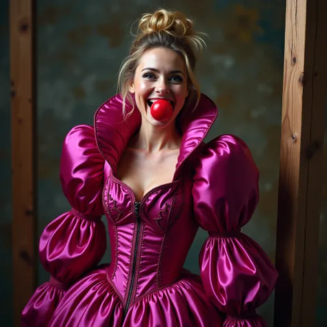 (realistic photograph close up sideways), (a pleased beautiful European lady with (messy hair bun), she is wearing (an elaborate big shiny fuchsia silk gown with (long gigantic poufy sleeves), (and with an ultra high narrow collar up to her cheeks) (with a...