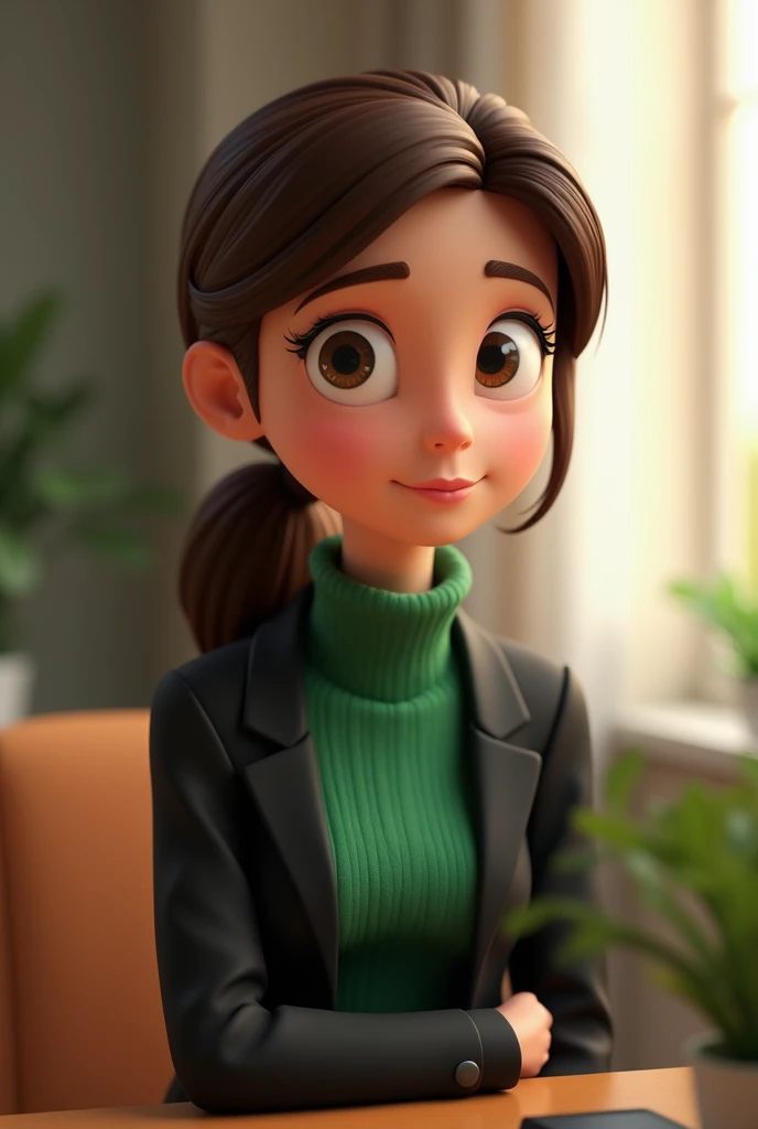 Cartoon character a 50-year-old dark brown-haired woman tied back in a ponytail wearing a green turtleneck sweater underneath and a black blazer, an animated character, stylized character,  animation style rendering , 3D stylized, Arnold Maya Rendering, St...