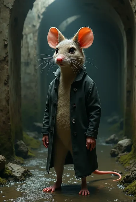 Imagine a serious mouse on two legs standing straight in a sewer