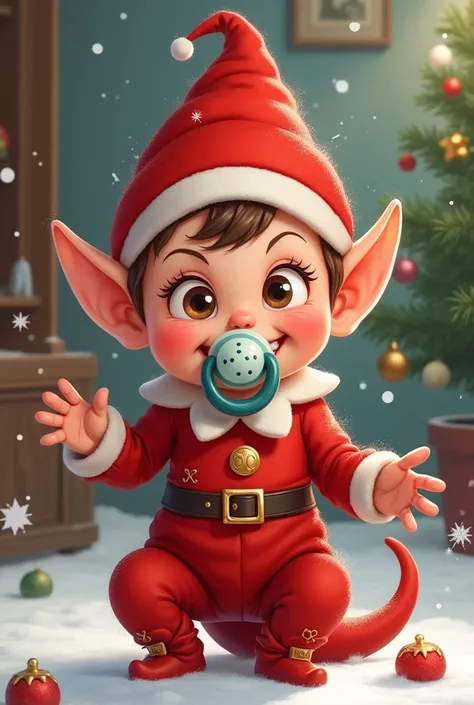 Red Christmas prankster baby elf 
with pacifier

