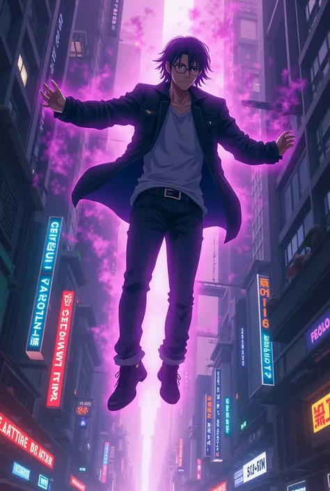 a human flying in a cyberpunk city under the ground. Like a poster of an anime. The city is too colorful. the man has a little long hair. the man cant see well. The man dont have any kind of glasses and have cassual clothes. The man has a big aura of shado...