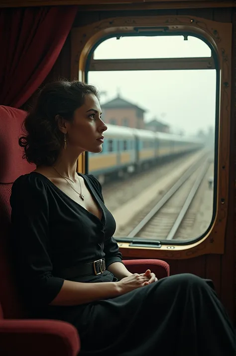 A train leaves town ,  while Claire Zachanassian sits in a luxurious compartment .  Her facial features are characterized by calm ,  while the abandoned Güllen train station is getting smaller and smaller in the window.