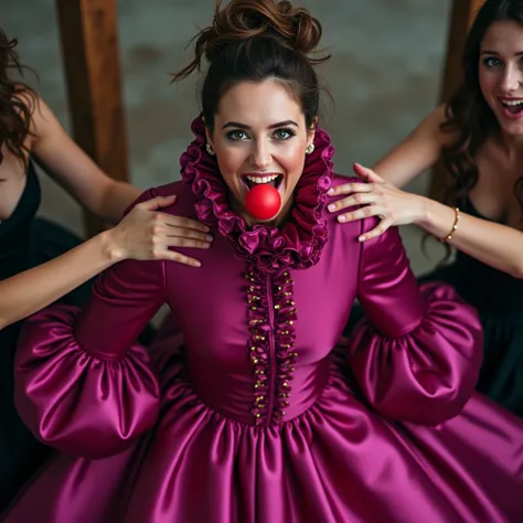 (realistic photograph close up sideways), (a pleased beautiful European lady with (messy hair bun), she is wearing (an elaborate big shiny fuchsia silk gown with (long gigantic poufy sleeves), (and with an ultra high narrow collar up to her cheeks) (with a...