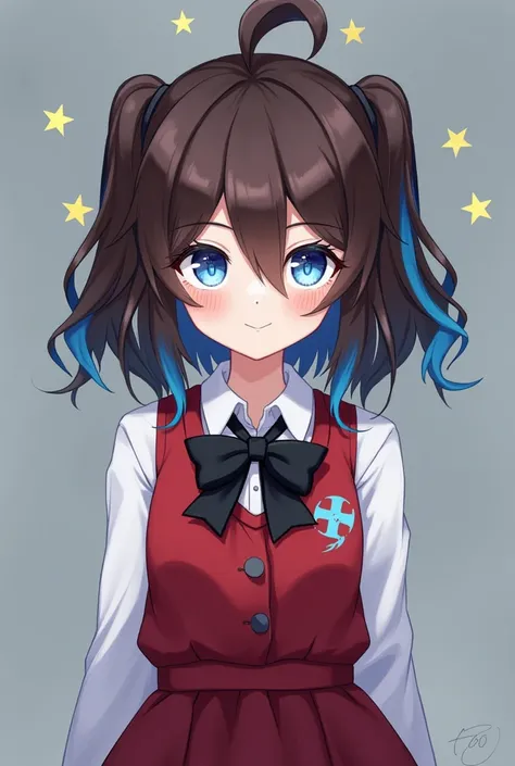 A girl without a pupil but in a pupil flirt stars brown hair with blue and a red vest a black bow on her chest white long sleeve shirt