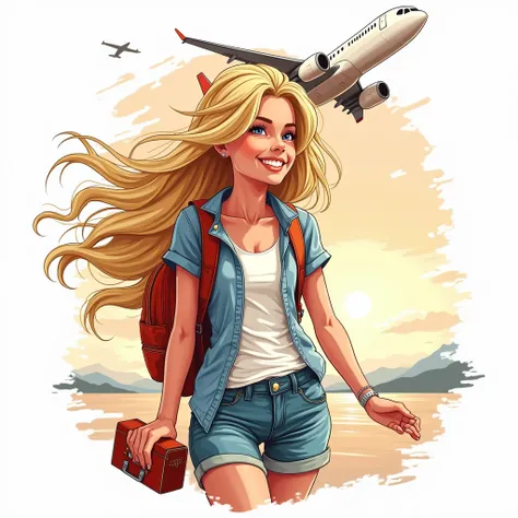 vector illustration, tshirt design for traveller, blond girl and airplane, (best quality, masterpiece: 1.3),  white background