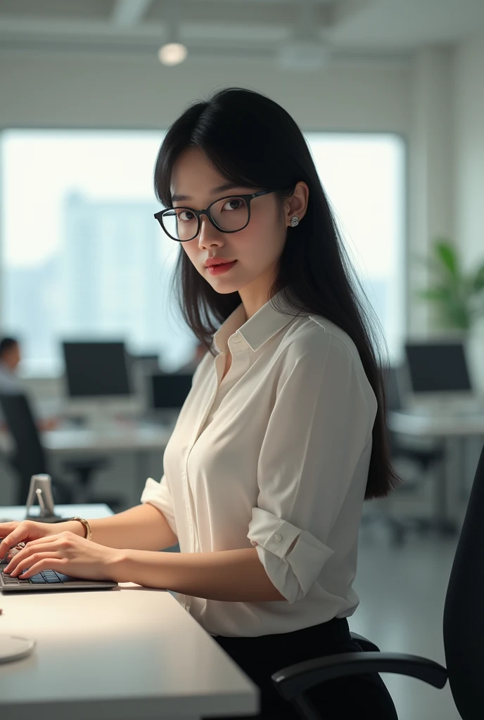 girl,  latina white skin who wears glasses, straight black hair in the office  