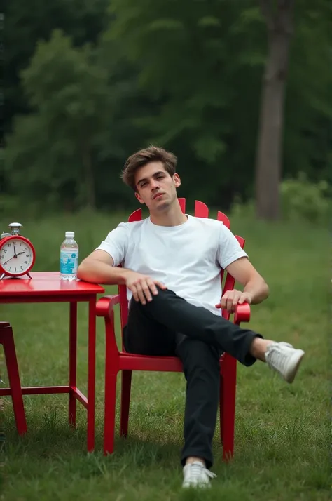  Remote photo of a young man wearing black jeans , white t-shirt  ,  Sitting in a red chair  ,  resting with his hands on a red table   , Next to some trees ,  green grass floor  ,  on the table placing drinking water in small bottles, The young man with t...