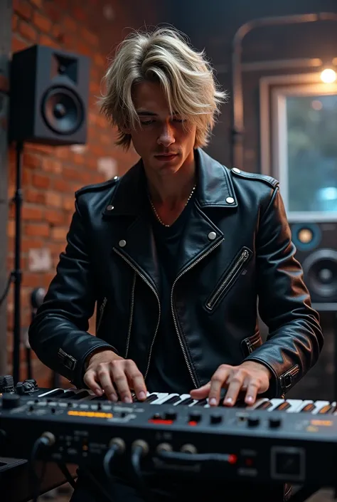 28-year-old man blond  .  leather jacket and synthesizer