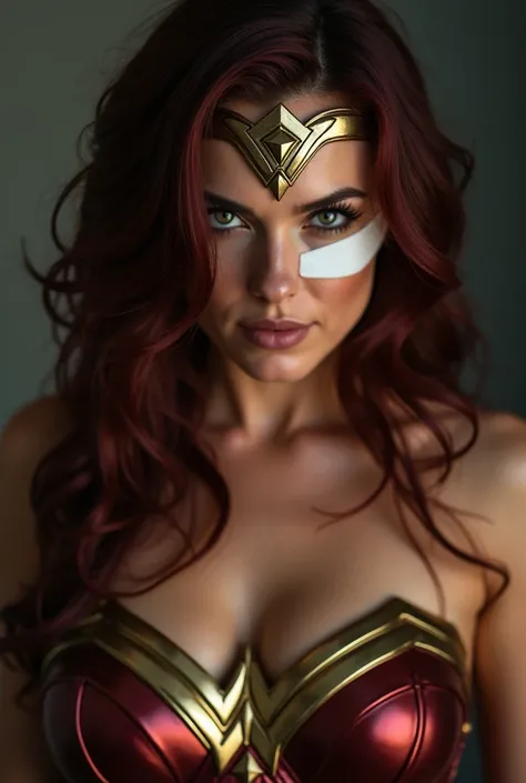 Scarlett Johansson, (bandage:1.3), (bdsm:1.1), beautiful body, beautiful breasts, shorts, burgundy hair, cosplay Wonder Woman, shot on dslr, detailed face, cinematography, maximum details, neutral colors, hdr, muted colors, soft cinematic light, insane det...