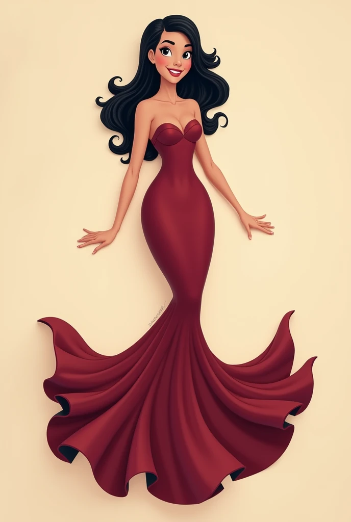 Girl with semi-long black hair .  A wine-red dress fitted to the body. A little lively face ,  white skin and Latin features.  This girl is  .  She must have a full body .  small breasts . 1.65 tall. The image must be from head to toe.  The dress may be a ...