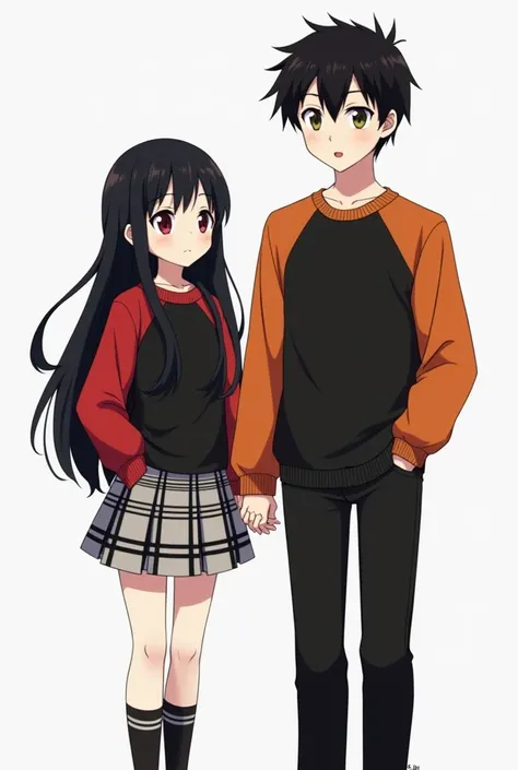  Couple in anime white girl with long black hair  , black and red shirt with knee-length socks with black and white stripes the plaid skirt color black and white, And the boy with short black hair ,  black and orange sweatshirt with black pants 