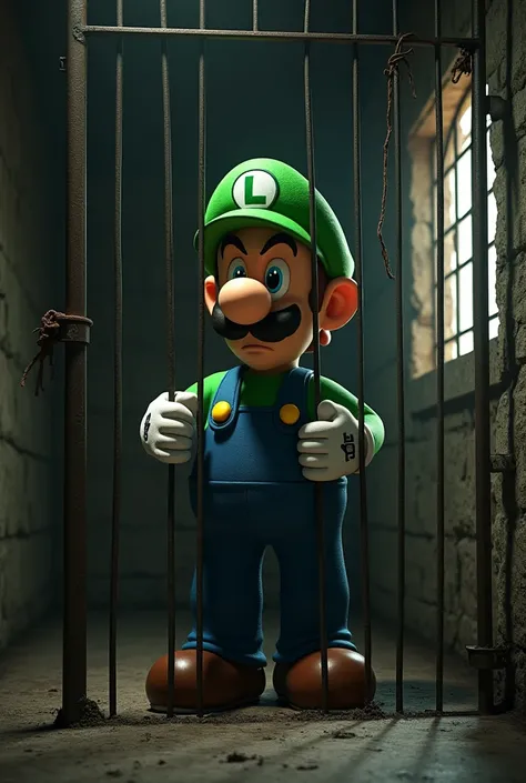 Can you generate a picture of Luigi from super Mario behind bars