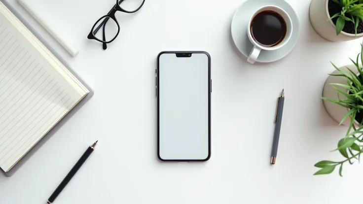 Modern smartphone mockup placed on a clean white desk, surrounded by minimalistic office accessories like a notebook, pen, and a coffee cup, with a blank screen ready for app design showcasing