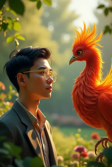 Handsome 28-year-old black-haired, brown-eyed, handsome brown-haired brown-eyed brown-eyed man wearing yellow-brimmed glasses watching out for his garden spotted a phoenix 