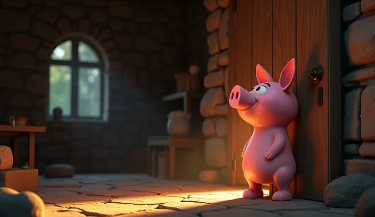  A dramatic 3D Disney scene showing Fifo ,  the little pink piglet ,  inside the sturdy Stone House .  Fifo is leaning against the large wooden door , that he just closed ,  his expression is a mixture of fear , repentance and determination.  His ears droo...