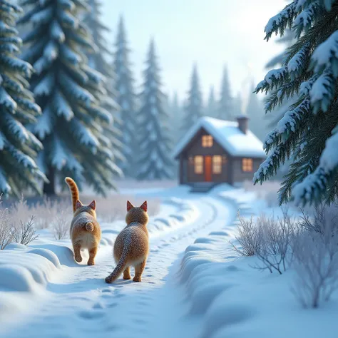 Créer une image 3D hyper-réaliste d’un sentier de neige. Un chalet en bois au loin avec une légère fumée dans la cheminé. Deux chats se promènent.