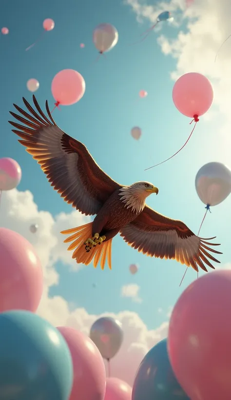 eagle and balloons pink blue and grey