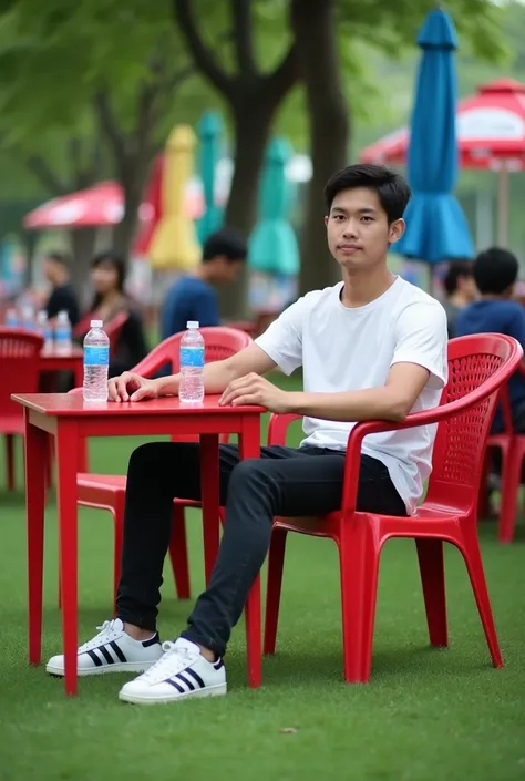  Remote photo of a young man wearing black jeans , white t-shirt  , white adidas tennis shoes , Sitting in a red chair  ,  resting with his hands on a red table   , Next door are some trees and colored umbrellas and some people sitting on red chairs ,  gre...