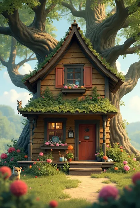 I need a house with everyday products and flowers inside a tree and an animal 