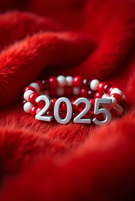 Limage contient un bracelet composé de perles rouges et blanches avec le nom Amine au milieu en argent, placé sur un tissu en fourrure rouge, et à côté se trouve le chiffre 2025 dans une belle forme tridimensionnelle. 