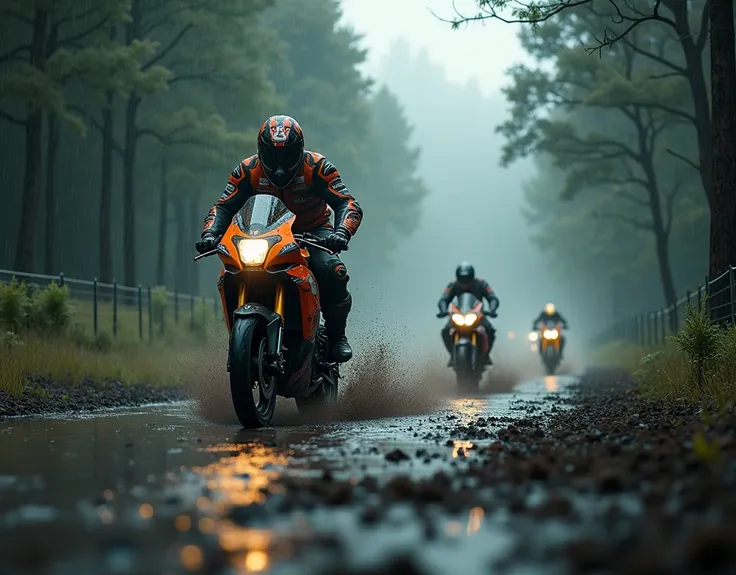 A MotoGP race in the middle of the forest, Muddy nets, Some racers, Heavy rain and dark clouds, Ultra resolution effect, high resolution 