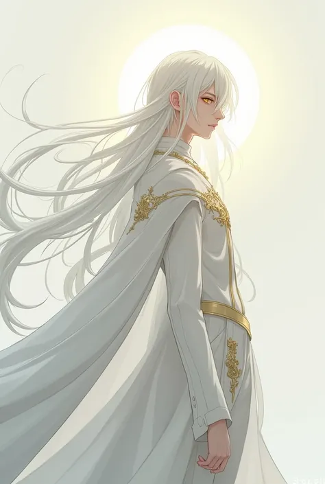 Generate me a Image of a Albine Guy whit a halo of Light behind him white hair And A white Costume (that seems aristocrath) Whit some hold Hints.... Yellow eyes Whit some of Orange before Reaching his pupil a body a bit femenine (if i needed to say how it ...