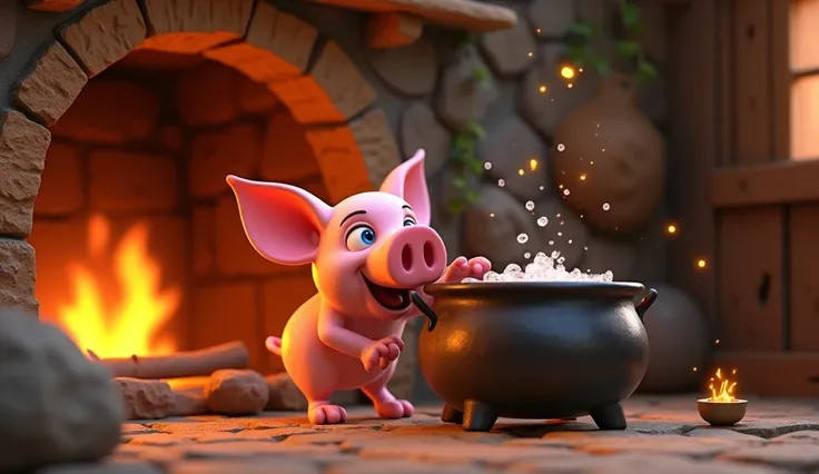 "A vibrant Disney 3D image showing Fifo the piggy inside the old Stone House,  working frantically to prepare a trap .  Fifo is near a large, old fireplace ,  with an iron cauldron filled with water over the fire , which begins to bubble .  He has a determ...