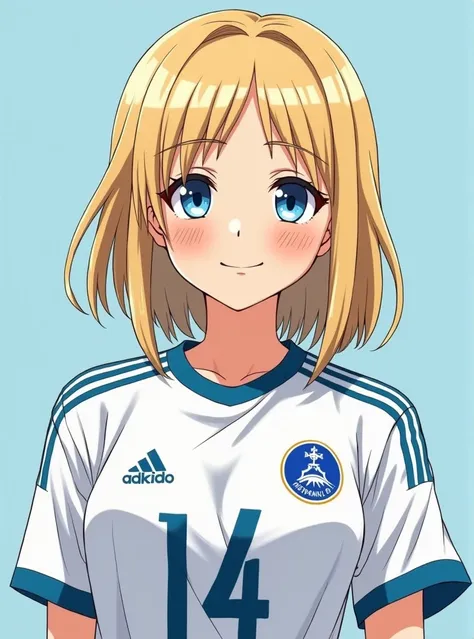 A TEENAGE BLOND WOMAN WITH BLUE EYES, with fringe, AND BLOND EYELASHES , WEARING THE SOCCER UNIFORM OF SOME JAPANESE TEAM FROM HOKKAIDO PREFECTURE USING THE NUMBER 14 AND WITH THE NAME KAREL, BEAUTIFUL AND ALREADY GREAT ANIME STYLE OR VERSION 20 YEAR OLD A...