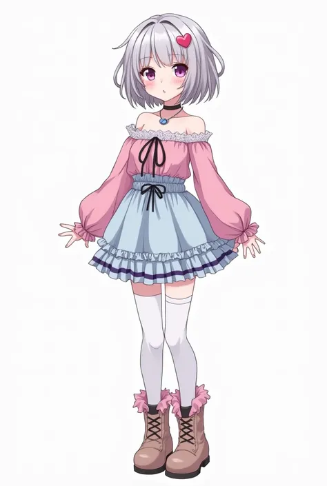  The image is an anime-style full body drawing of an  Loli girl. She has short, silver hair with a heart ornament .  light pink eyes mixed with black . He wears an expression of evil.  The general style is  "cute".  the girl wears a three-layer light blue ...