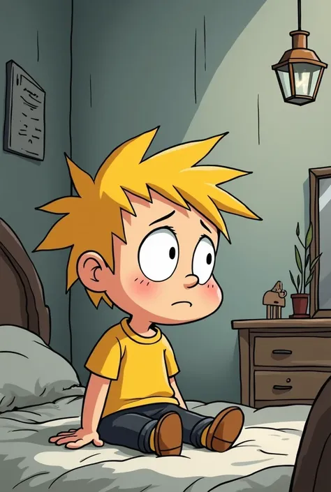 Cartoon of little white boy in yellow shirt and black pants with yellow hair thinking about his sad room 