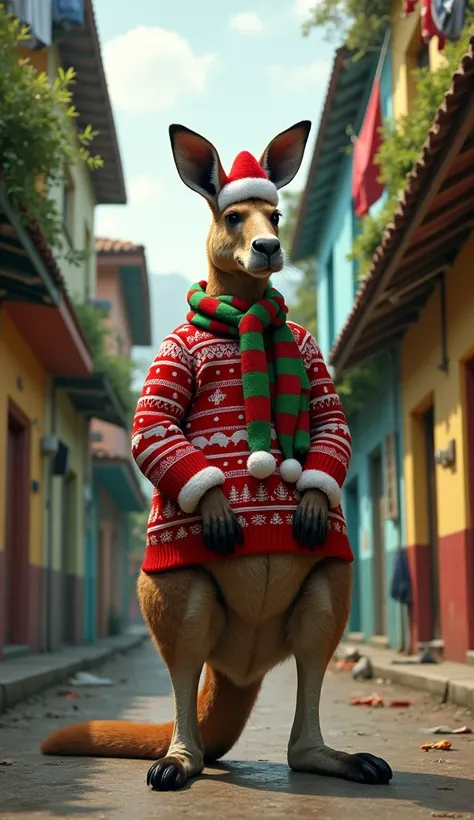 Generate a realistic image of a kangaroo , wearing Christmas costumes , He is on a street in the Brazilian favelas, 