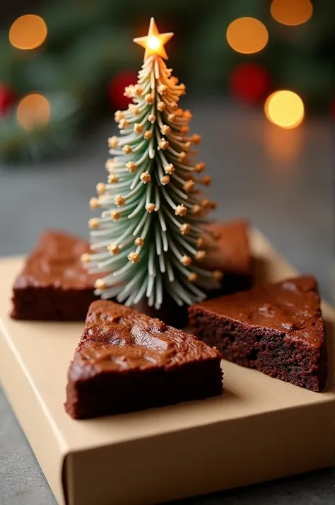 5 triangular-shaped brownies with Christmas tree decoration on a box 