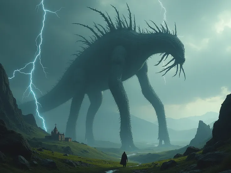 A huge colossus with 4 long legs the size of a continent of 9,000 meters with a long snout with a bunch of branches with elongated tentacles walks across the continent above the mountains. A tiny medieval village is visible . from afar. View from space.  p...