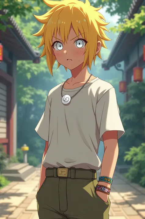 Kunoichi de Boruto :  boy,  yellow blond hair,  white eyes without pupils ,
Clothes:a white top,  and loose cargo pants 
accessories:  a white necklace with a moon ,  colored bracelet ,  a ring of good and evil 