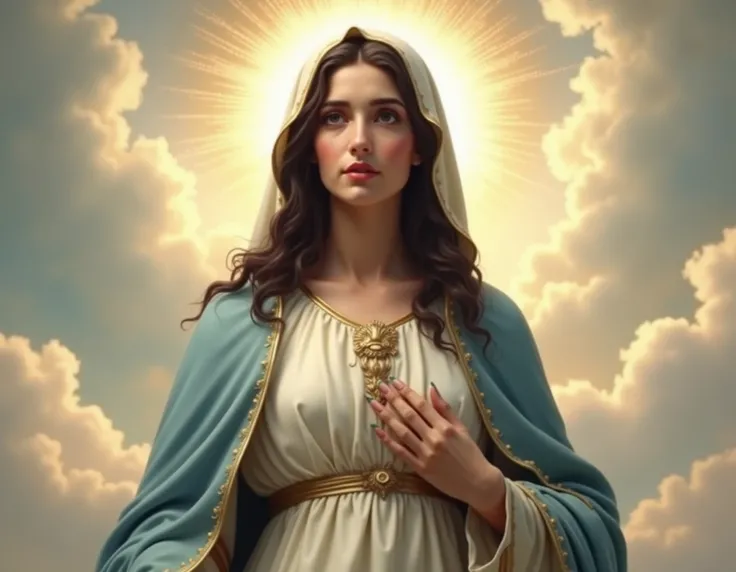 " Create a representation of the Virgin Mary as the Immaculate Conception with Lebanese facial features and a skin tone that combines light and brown features,  representing a typical mix between white and brown Lebanese skin .  She wears a flowing white t...