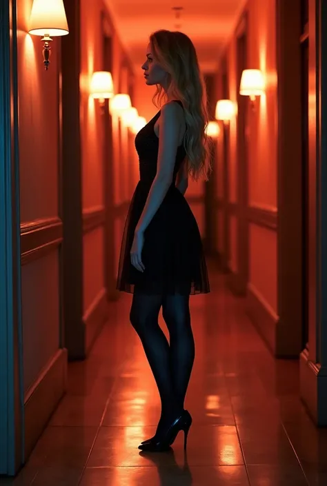 
in a romantic atmosphere
in a large 4-star hotel
in a hallway with lots of bedroom doors
a young blonde girl with long hair with an evening dress
in black tights
with high heels
she is standing and crossing her legs
we can clearly see the legs
her back is...