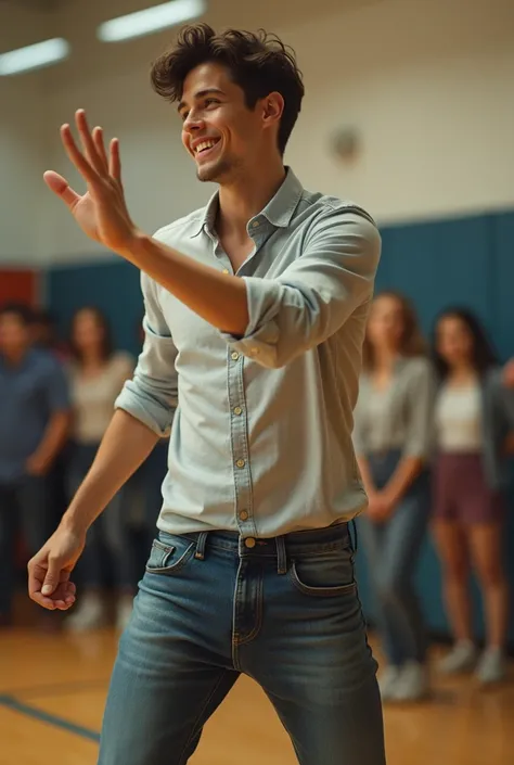 Male high school student in a shirt dancing